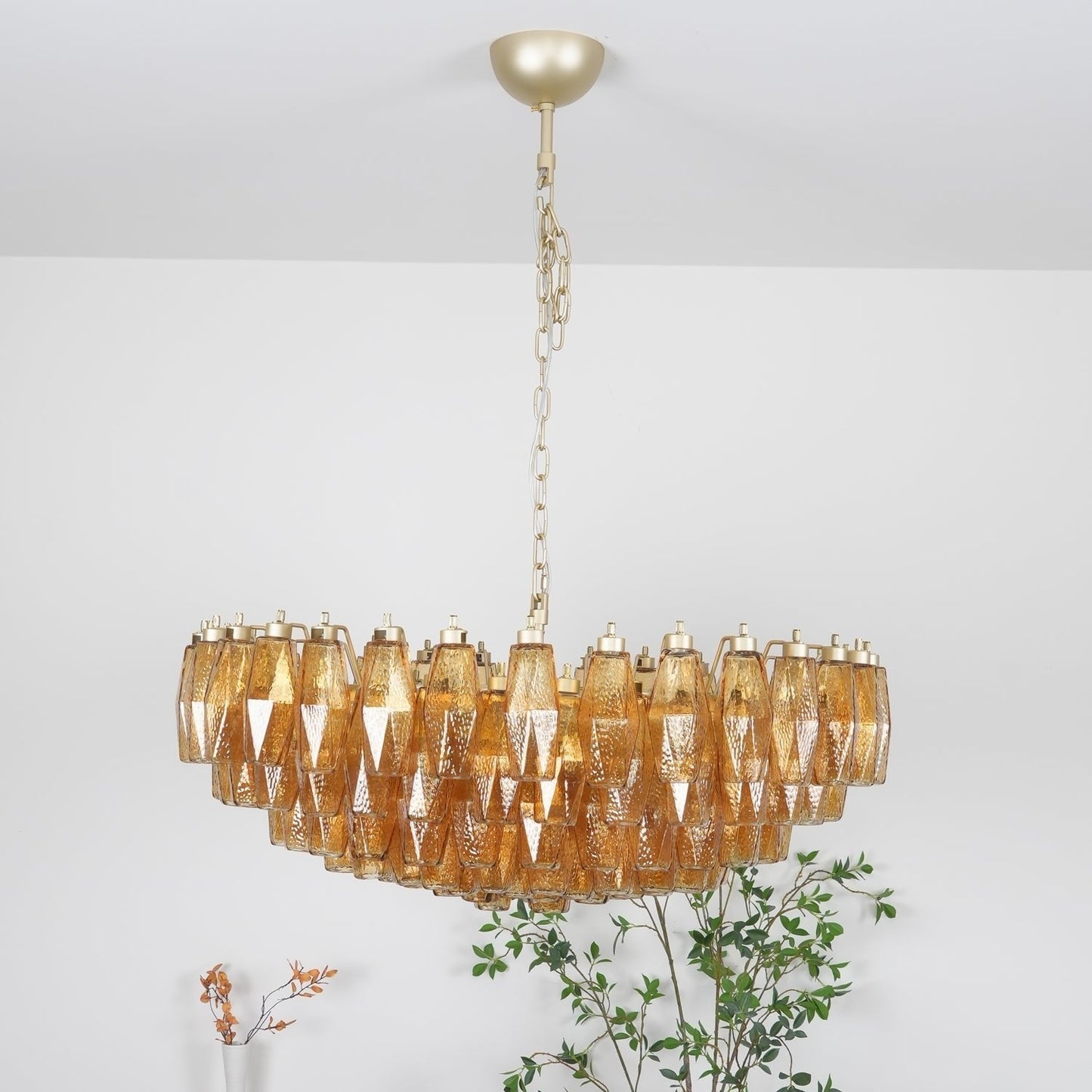 Murano Rhombus Amber Glass Chandelier ∅ 35.4″ x H 17.7″ / Amber & Gold Chandelier
