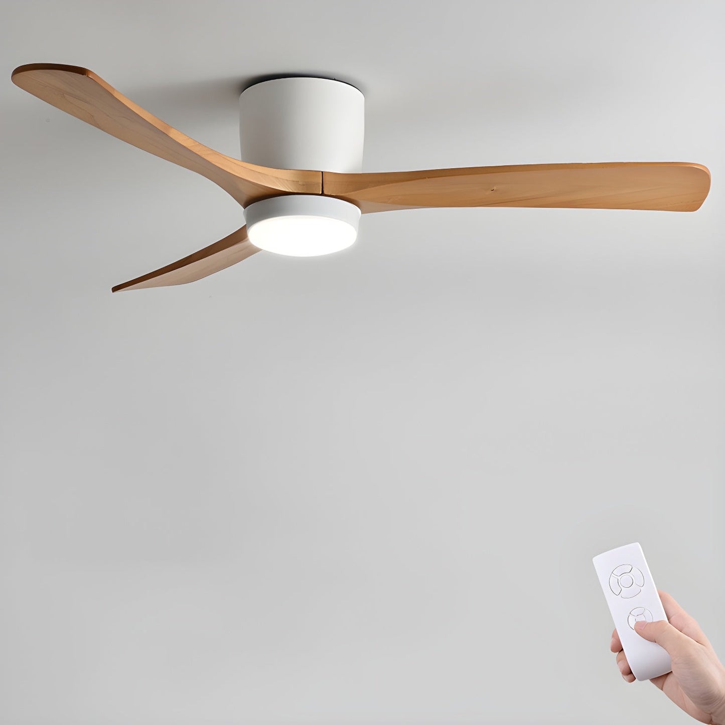 Nordic Wooden 42’’/48’’/52’’ Ceiling Fan Light ∅ 36″ x H 11″ / White & Nature Wood / Three-Color Changing Light 1001