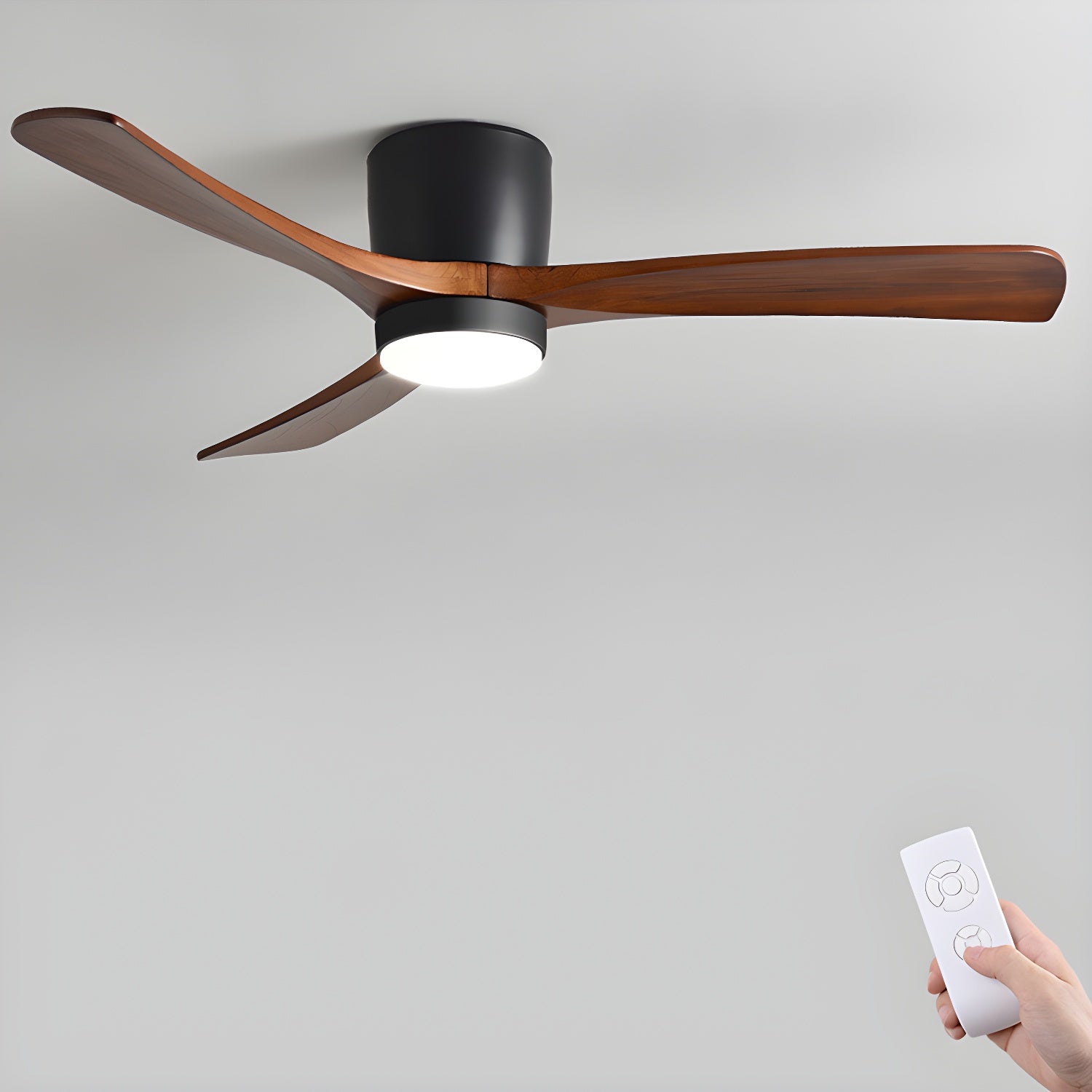 Nordic Wooden 42’’/48’’ Ceiling Fan Light ∅ 42″ x H 11″ / Black & Walnut Wood / Three-Color Changing Light Ceiling fan