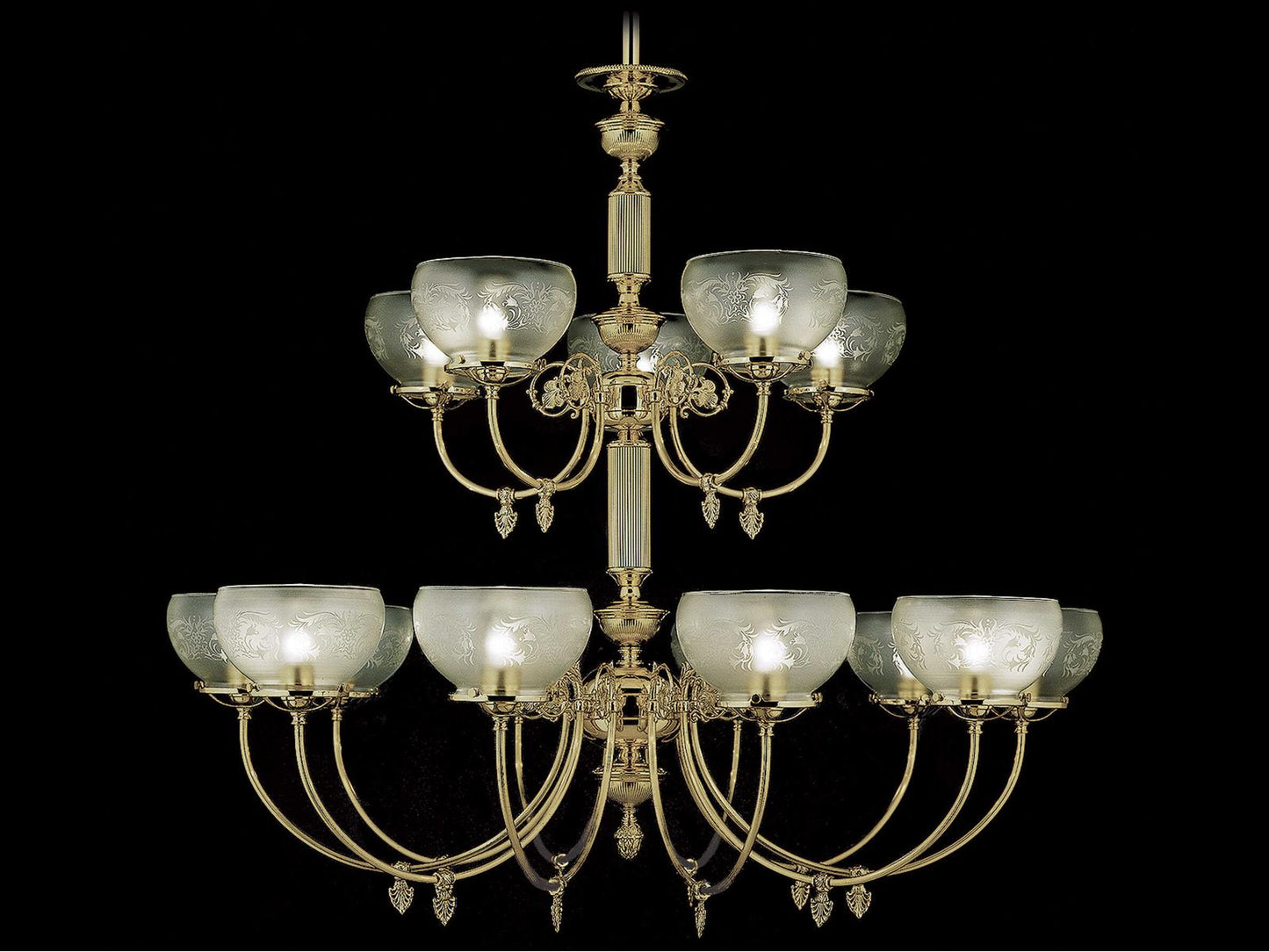 Framburg Chancery 15-Light Polished Brass Foyer Chandelier with Etched Glass Shades