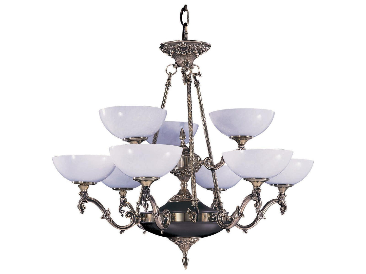 Framburg 9-Light Napoleonic Chandelier in French Brass with White Glass Shades