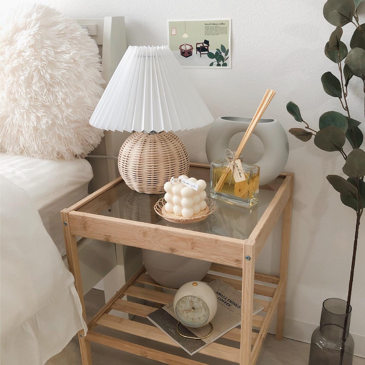Rattan Pleated Table lamp ∅ 9.4″ x H 11″ / Dia 24cm x H 28cm / White & Nature rattan / USB Plug 灯具