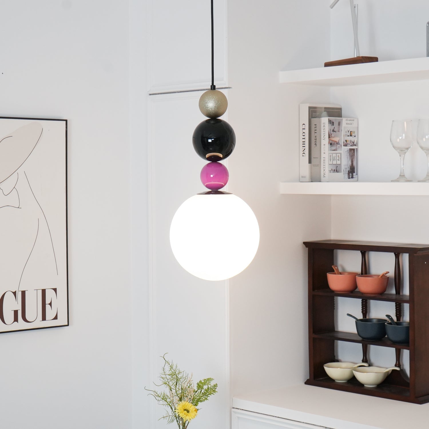 Round Balls Stacking Pendant Lamp ∅ 9.8″ x H 22.8″ / Dia 25cm x H 58cm / Pink & Black Pendant light