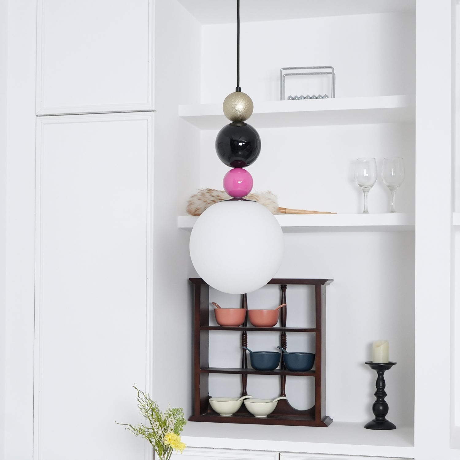 Round Balls Stacking Pendant Lamp ∅ 9.8″ x H 22.8″ / Dia 25cm x H 58cm / Pink & Black Pendant light