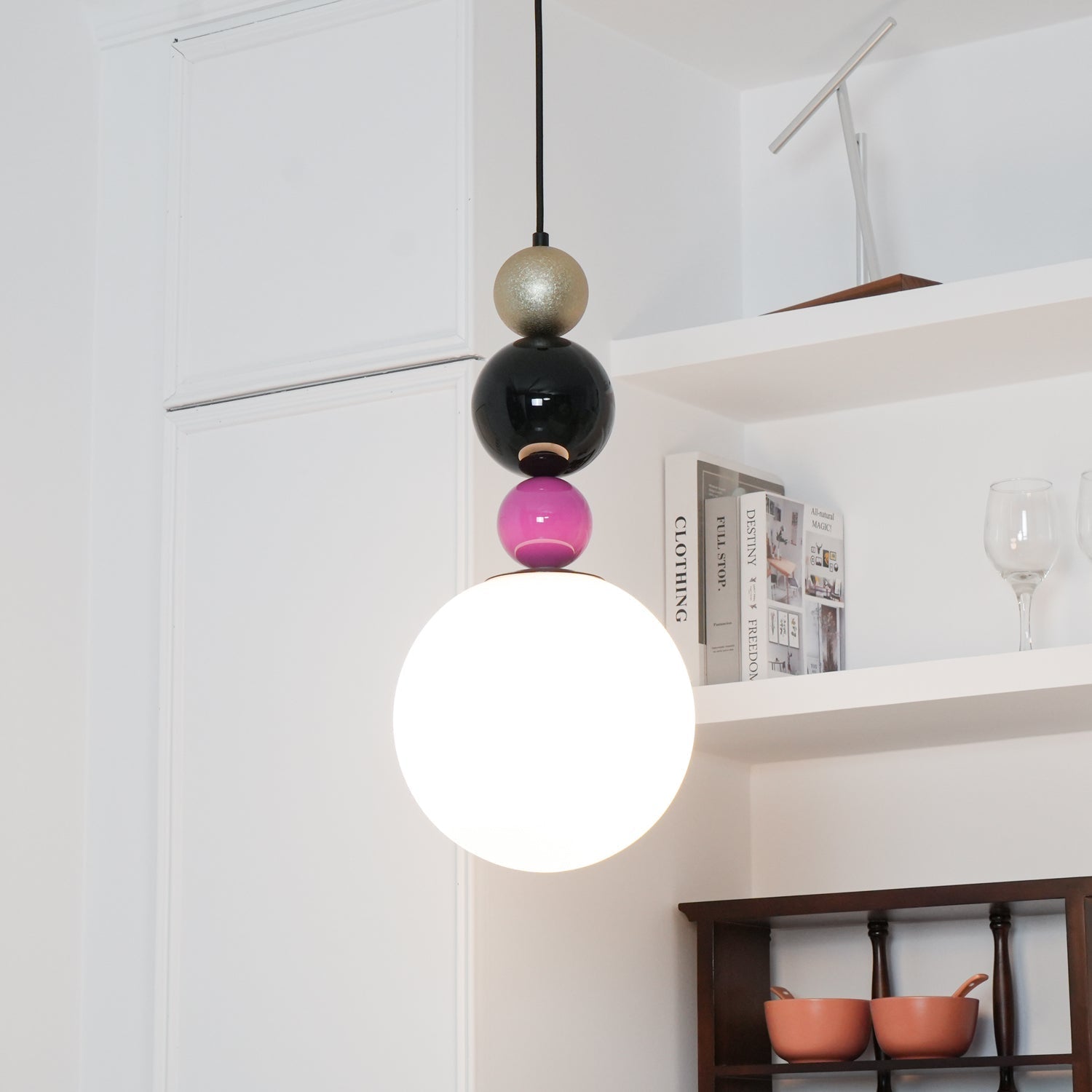 Round Balls Stacking Pendant Lamp ∅ 9.8″ x H 22.8″ / Dia 25cm x H 58cm / Pink & Black Pendant light