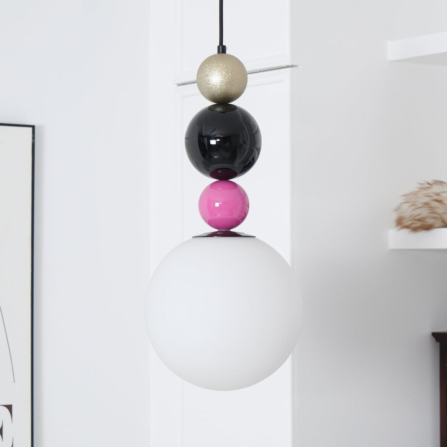 Round Balls Stacking Pendant Lamp ∅ 9.8″ x H 22.8″ / Dia 25cm x H 58cm / Pink & Black Pendant light