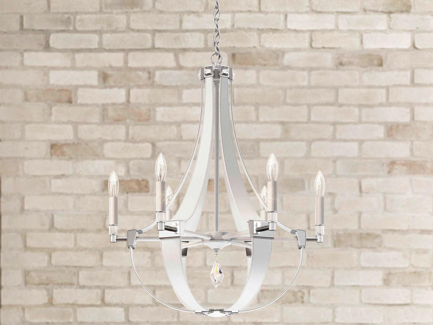 Schonbek Crystal Empire 6-Light Chandelier in White Pass Leather with Radiance Crystal