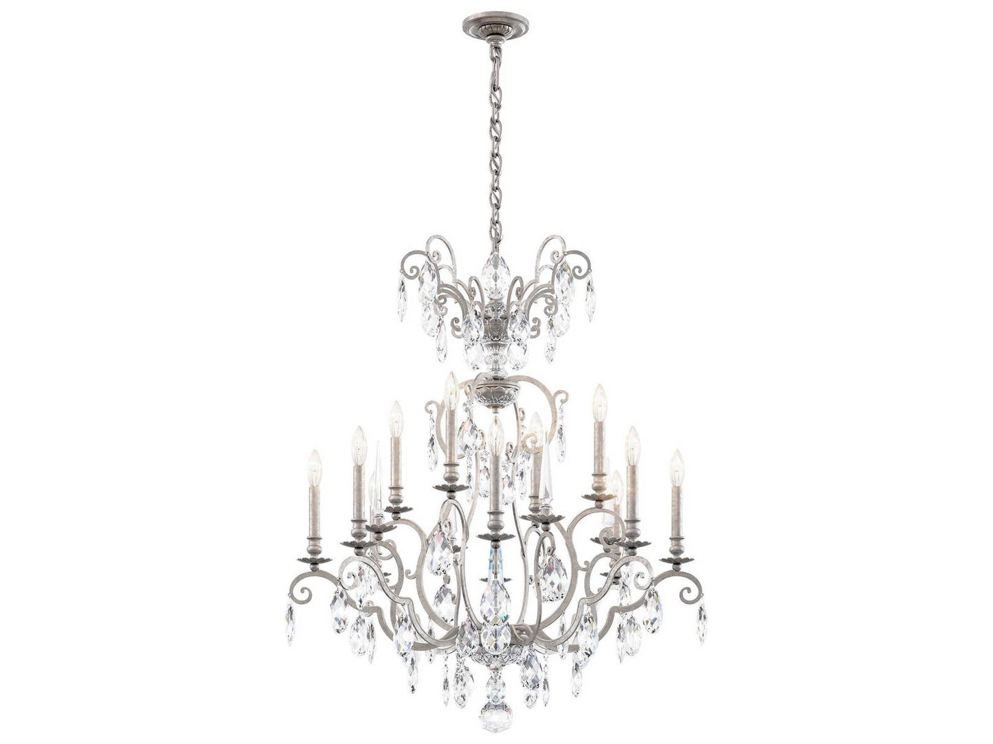 Schonbek Renaissance Nouveau 12-Light Candelabra Chandelier in Antique Silver with Heritage Crystal