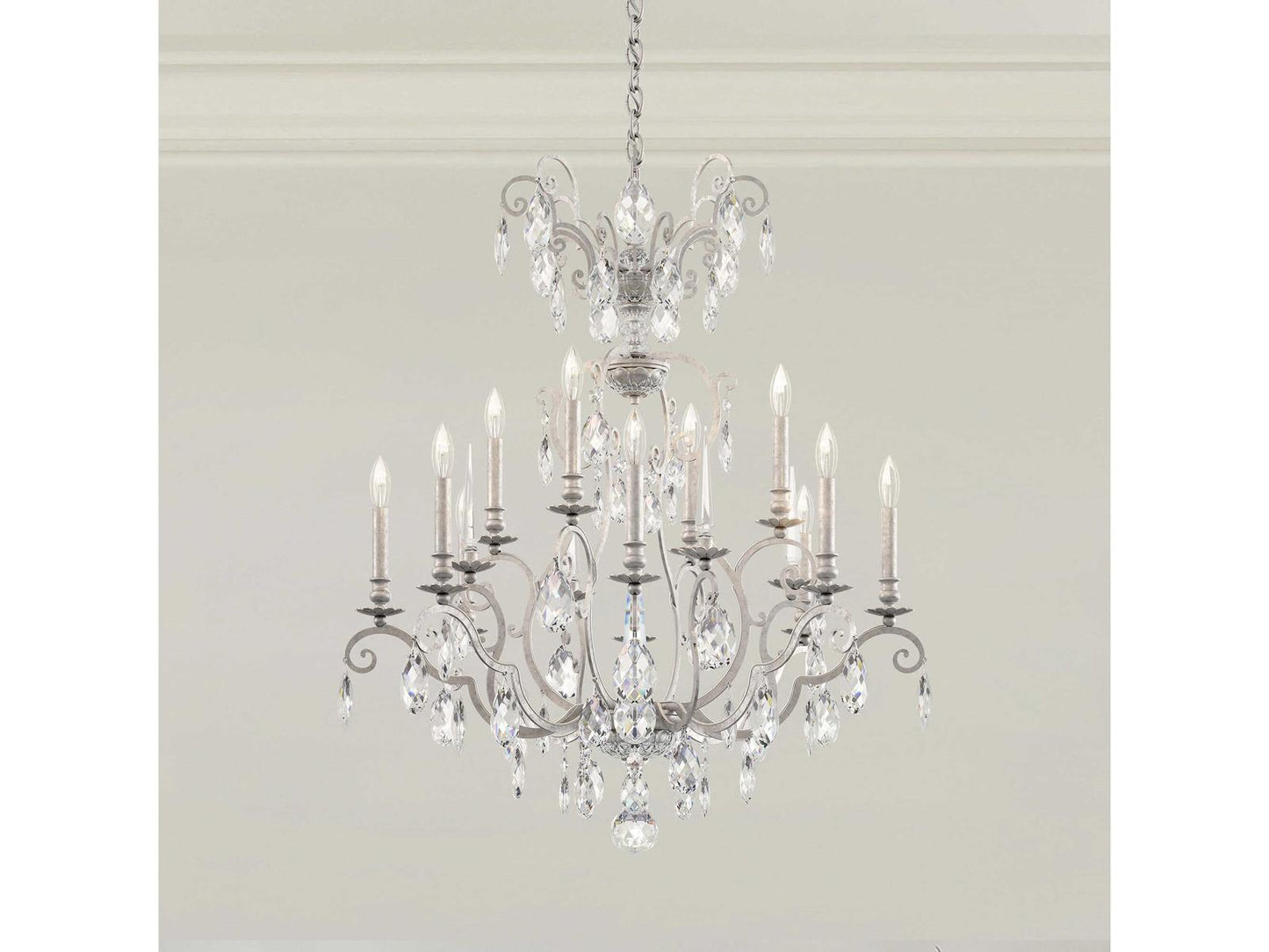 Schonbek Renaissance Nouveau 12-Light Candelabra Chandelier in Antique Silver with Heritage Crystal