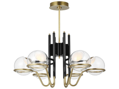 Visual Comfort Modern Crosby 6-Light LED Chandelier in Glossy Black and Natural Brass