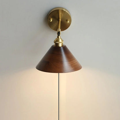 Vintage Wood Plug-in Wall Lamp Model B Size: ∅ 7.1″ x H 5.5″ / Brass + Black Walnut Wood / US Plug