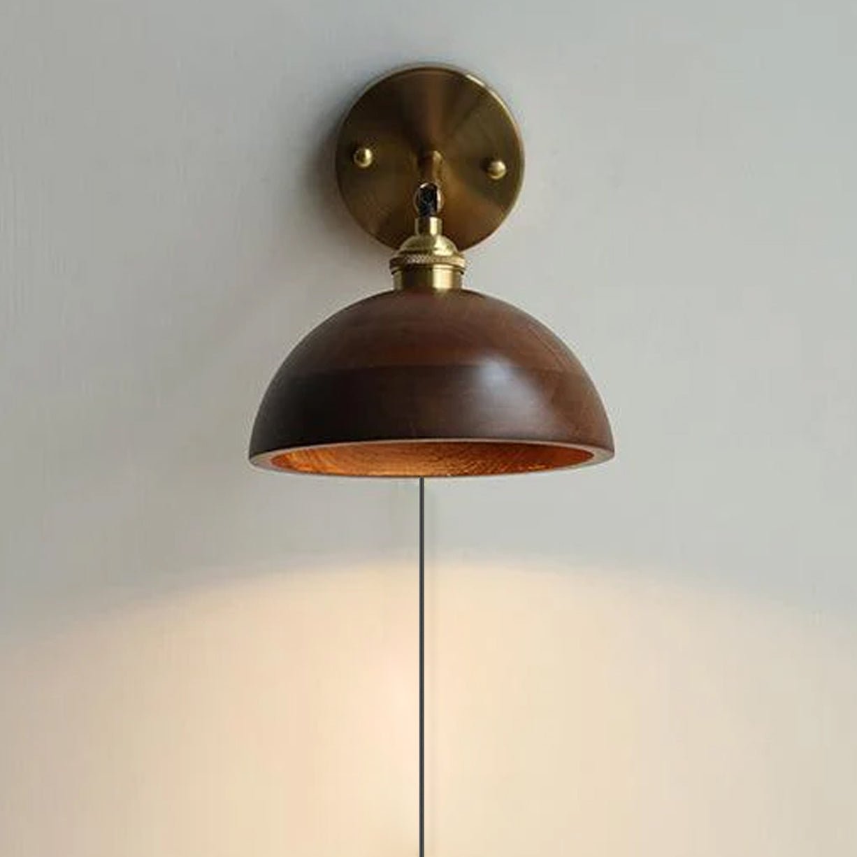 Vintage Wood Plug-in Wall Lamp Model A Size: ∅ 6.3″ x H 5.5″ / Brass + Black Walnut Wood / US Plug