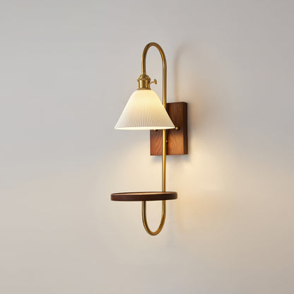 Walnut Shelf Sconce Model B H 21.3″ x W 7.1″ x L 9.8″ / Walnut Color & Gold / Single Wall lamp