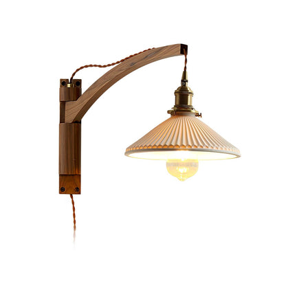 Walnut Swing Arm Wall Lamp Model A ∅ 8.7″ x H 3.5″ / Dia 22cm x H 9cm / Brass & Walnut & White / US Plug Wall lamp