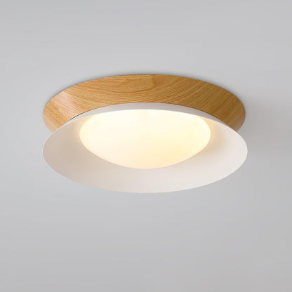 Double Half Round Ceiling Light ∅ 19.7″ x H 3.1″ / Dia 50cm x H 8cm / Nature wood grain & White / Warm Light Ceiling