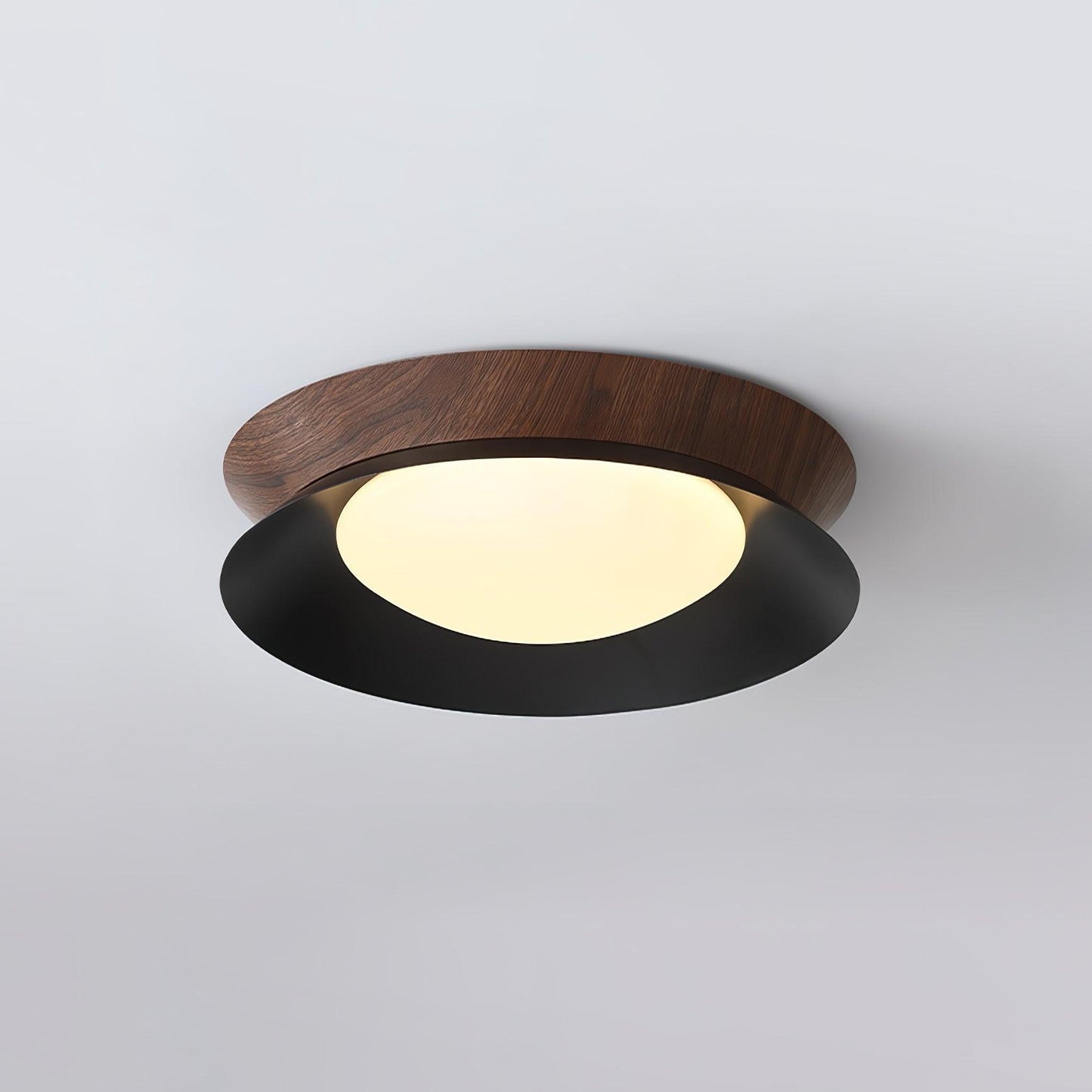 Double Half Round Ceiling Light ∅ 15.7″ x H 3.1″ / Dia 40cm x H 8cm / Walnut wood grain & Black / Warm Light Ceiling
