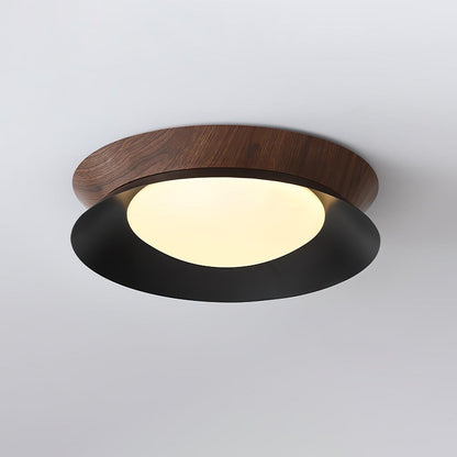 Double Half Round Ceiling Light ∅ 19.7″ x H 3.1″ / Dia 50cm x H 8cm / Walnut wood grain & Black / Warm Light Ceiling