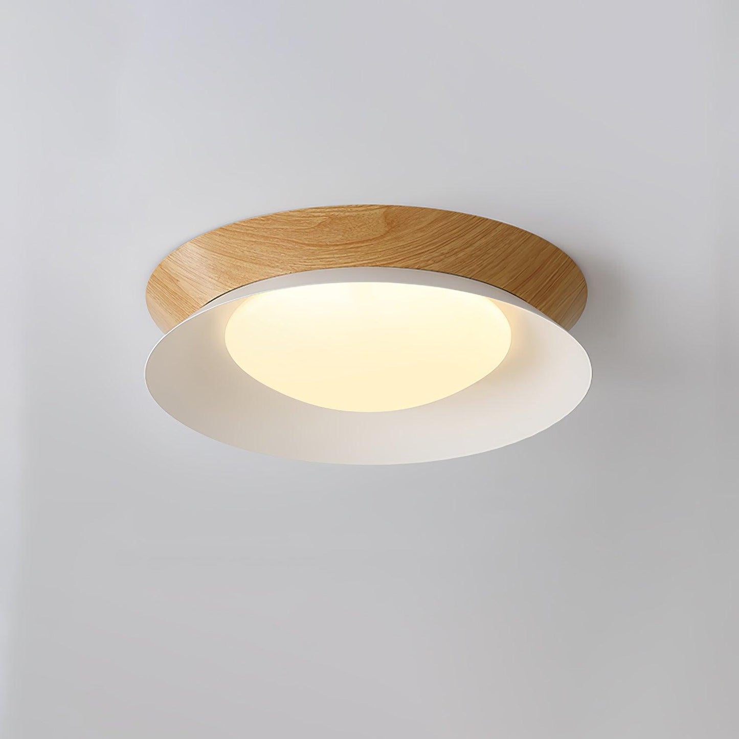 Double Half Round Ceiling Light ∅ 15.7″ x H 3.1″ / Dia 40cm x H 8cm / Nature wood grain & White / Warm Light Ceiling