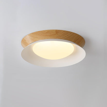 Double Half Round Ceiling Light ∅ 15.7″ x H 3.1″ / Dia 40cm x H 8cm / Nature wood grain & White / Warm Light Ceiling