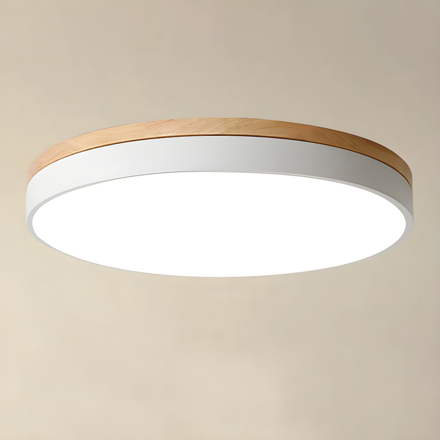 Zara Circular Wood Ceiling Lamp ∅ 11.8″ x H 2″ / White / Warm Light