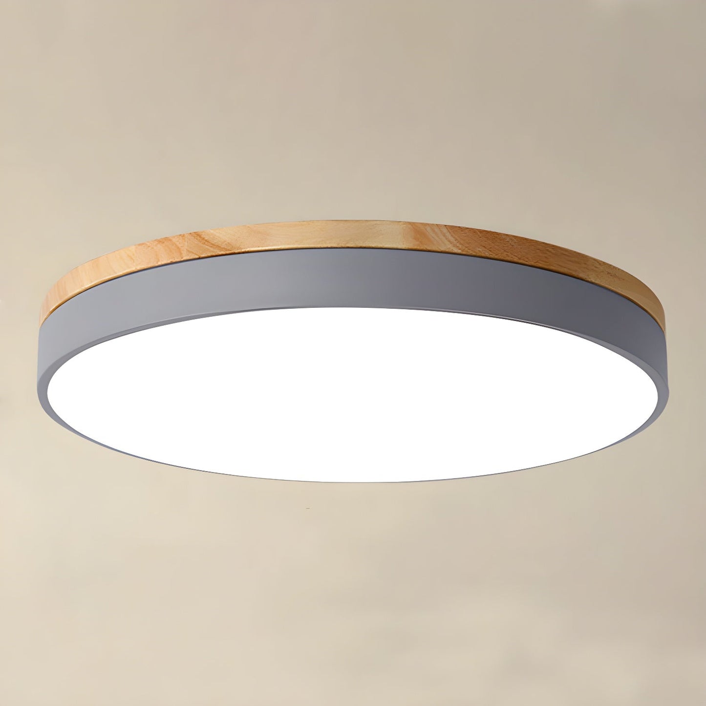 Zara Circular Wood Ceiling Lamp ∅ 11.8″ x H 2″ / Grey / Warm Light