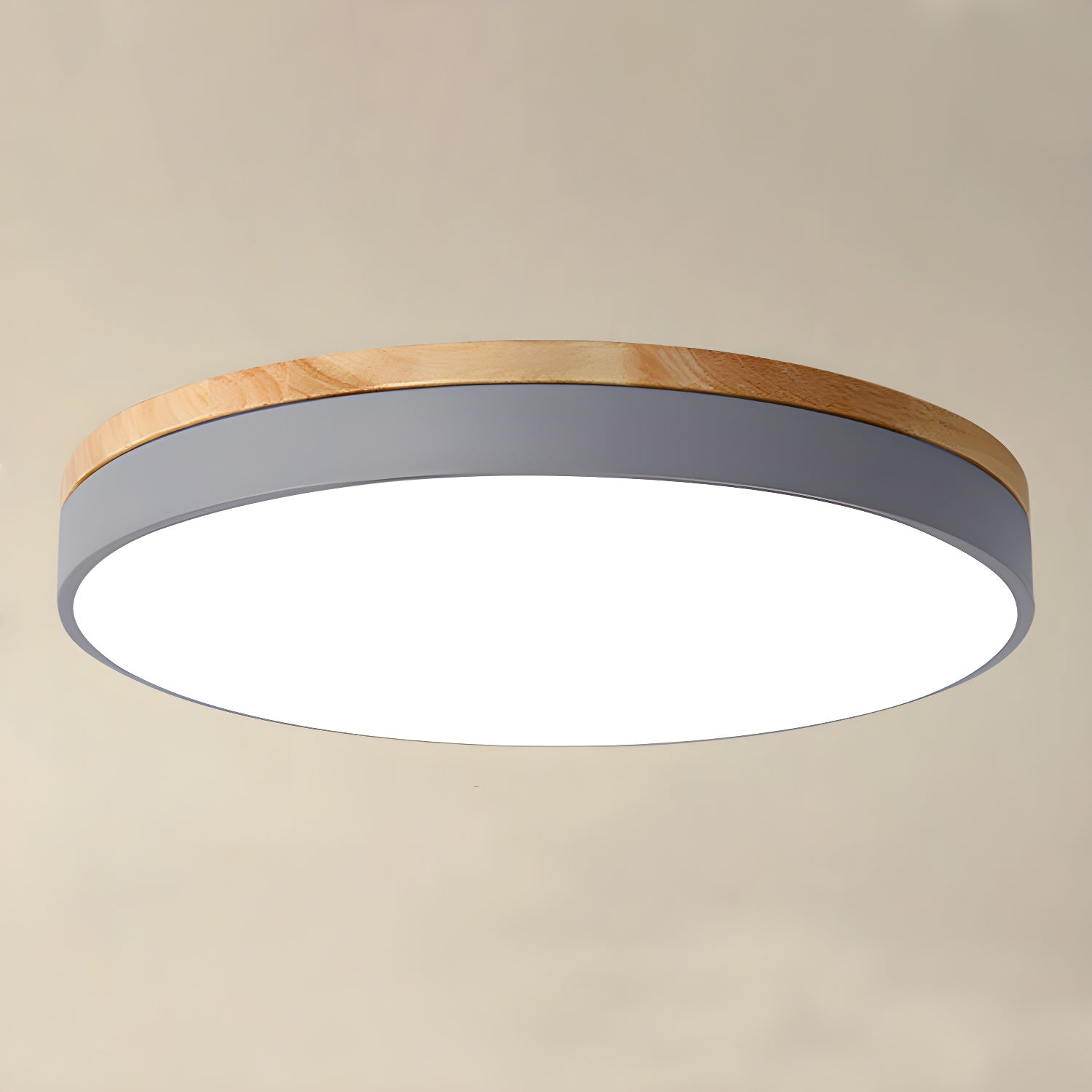 Zara Circular Wood Ceiling Lamp ∅ 11.8″ x H 2″ / Grey / Warm Light