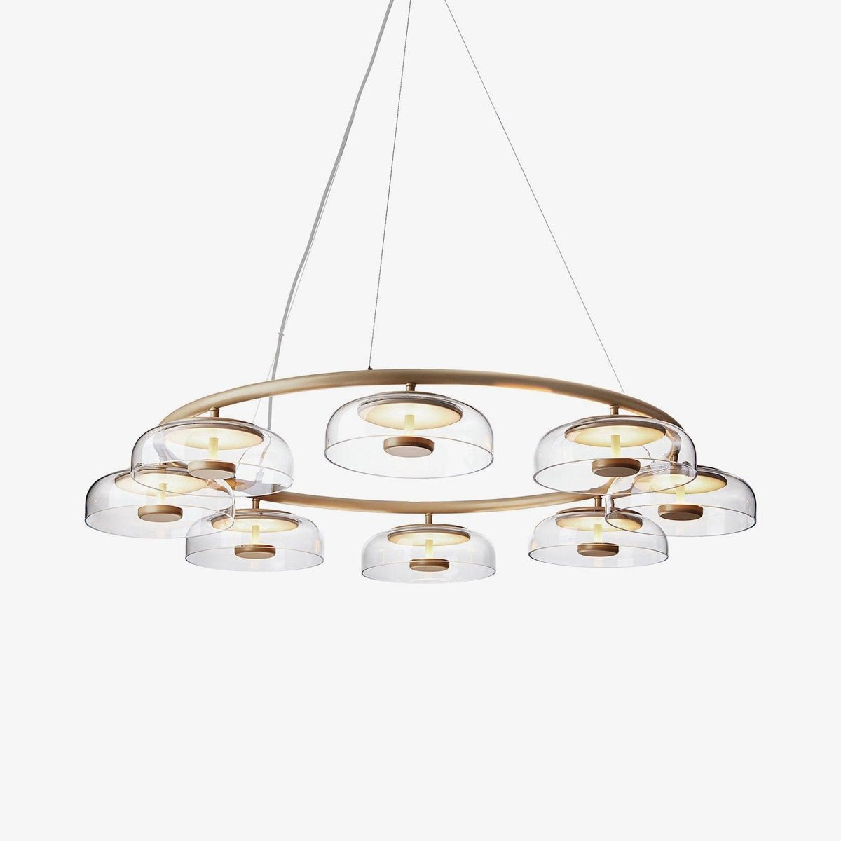 Solara Chandelier 8 heads: ∅ 39.4″ x H 59″ / Brass & Clear / Warm Light Chandelier