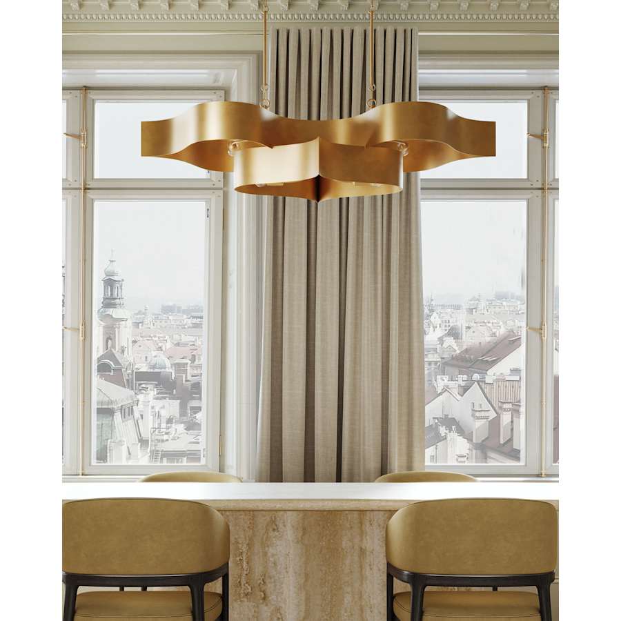 Currey and Company Grand Lotus 51" 6 Light Wrought Iron Drum Chandelier with Gold Metal Shades