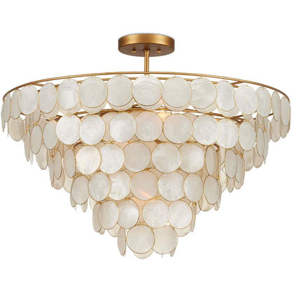 Currey and Company Bon Vivant 5 Light 30" Wide Wrought Iron Waterfall Chandelier with Hanging Capiz Shells