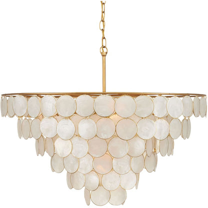 Currey and Company Bon Vivant 5 Light 30" Wide Wrought Iron Waterfall Chandelier with Hanging Capiz Shells