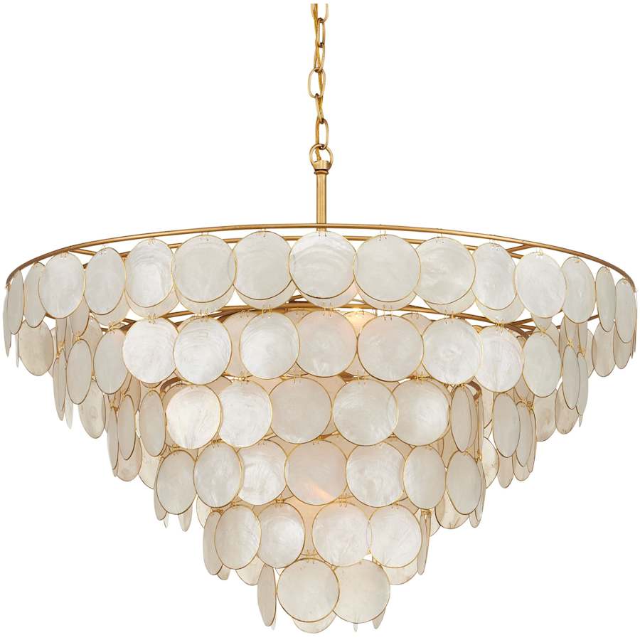 Currey and Company Bon Vivant 5 Light 30" Wide Wrought Iron Waterfall Chandelier with Hanging Capiz Shells