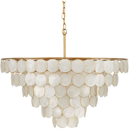Currey and Company Bon Vivant 5 Light 30" Wide Wrought Iron Waterfall Chandelier with Hanging Capiz Shells