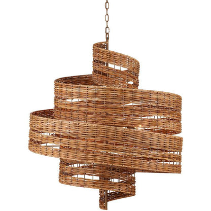 Currey and Company Saisei 5 Light 32" Wide Wrought Iron Abstract Chandelier with Woven Rattan Shade
