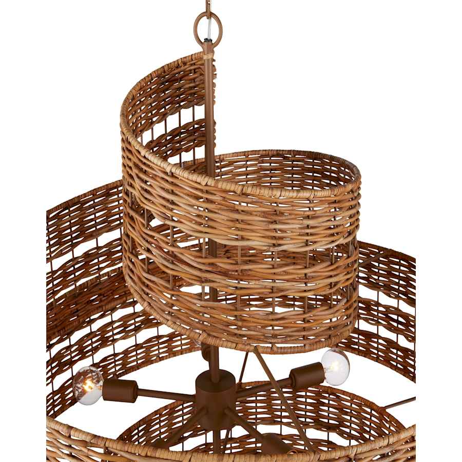 Currey and Company Saisei 5 Light 32" Wide Wrought Iron Abstract Chandelier with Woven Rattan Shade