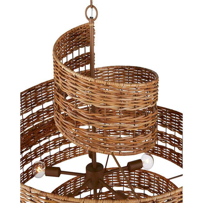 Currey and Company Saisei 5 Light 32" Wide Wrought Iron Abstract Chandelier with Woven Rattan Shade