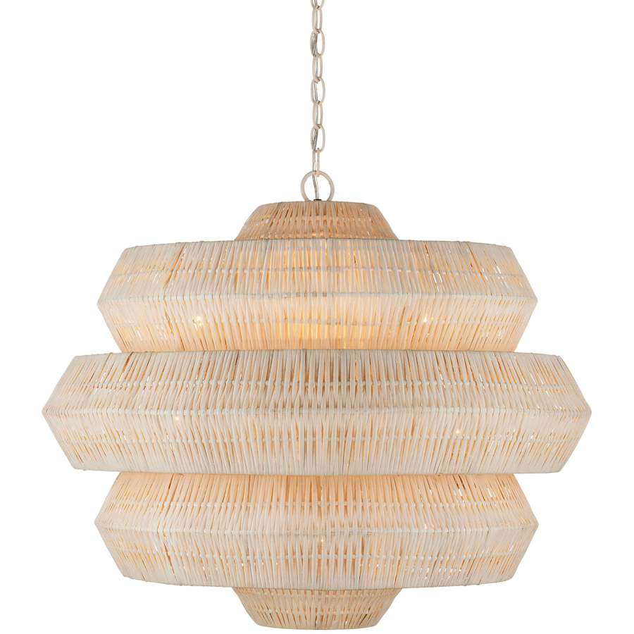 Currey and Company Antibes 9 Light 30" Wide Wrought Iron Abstract Chandelier with Woven Rattan Shade