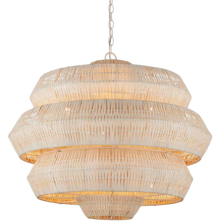 Currey and Company Antibes 9 Light 30" Wide Wrought Iron Abstract Chandelier with Woven Rattan Shade