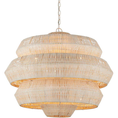 Currey and Company Antibes 9 Light 30" Wide Wrought Iron Abstract Chandelier with Woven Rattan Shade