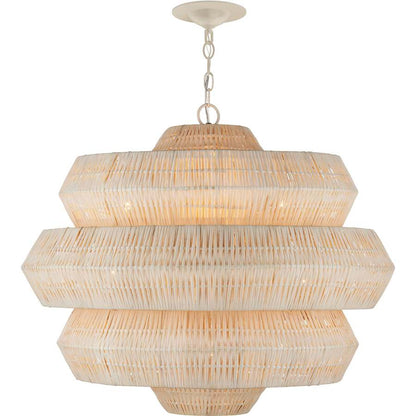 Currey and Company Antibes 9 Light 30" Wide Wrought Iron Abstract Chandelier with Woven Rattan Shade