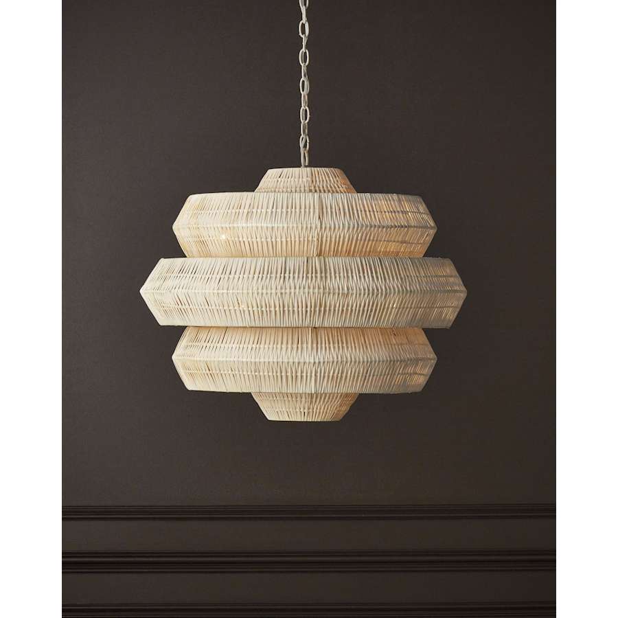 Currey and Company Antibes 9 Light 30" Wide Wrought Iron Abstract Chandelier with Woven Rattan Shade
