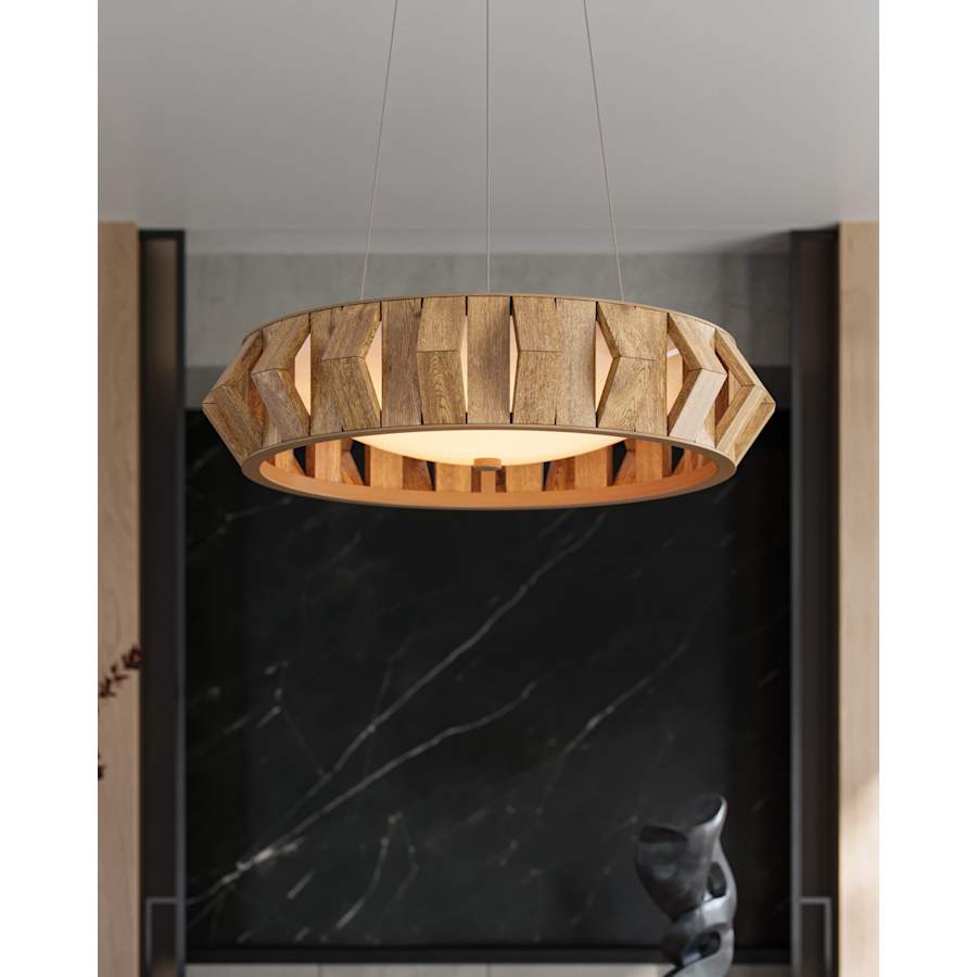 Currey and Company Plunge 30" Wide LED Wrought Iron Drum Chandelier with Wood Shade