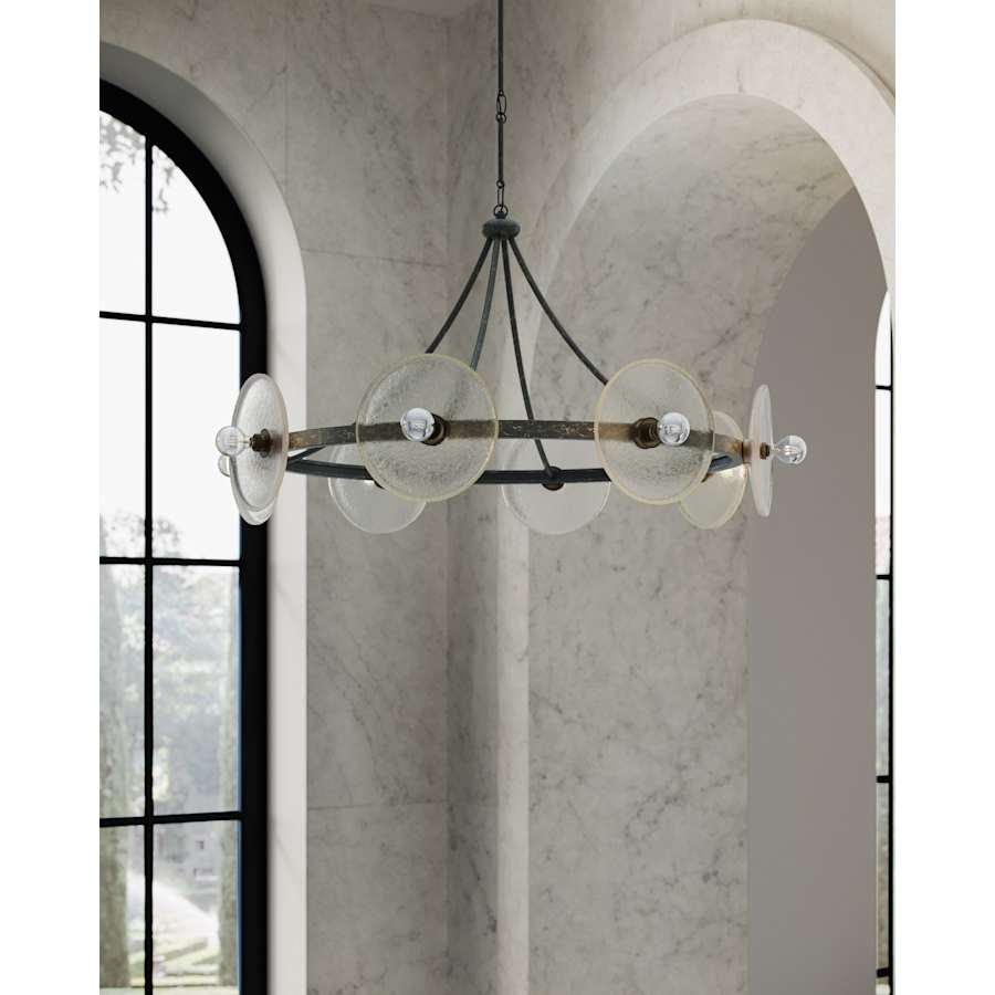 Currey and Company Circumstellar 8 Light 37" Wide Wrought Iron Ring Chandelier with Recycled Glass Shades