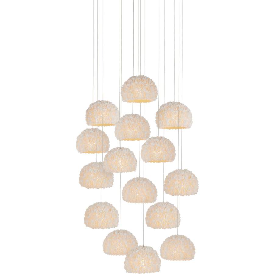 Currey and Company Virtu 15 Light 21" Wide Wrought Iron Multi Light Pendant with Clamrose Shell Shades