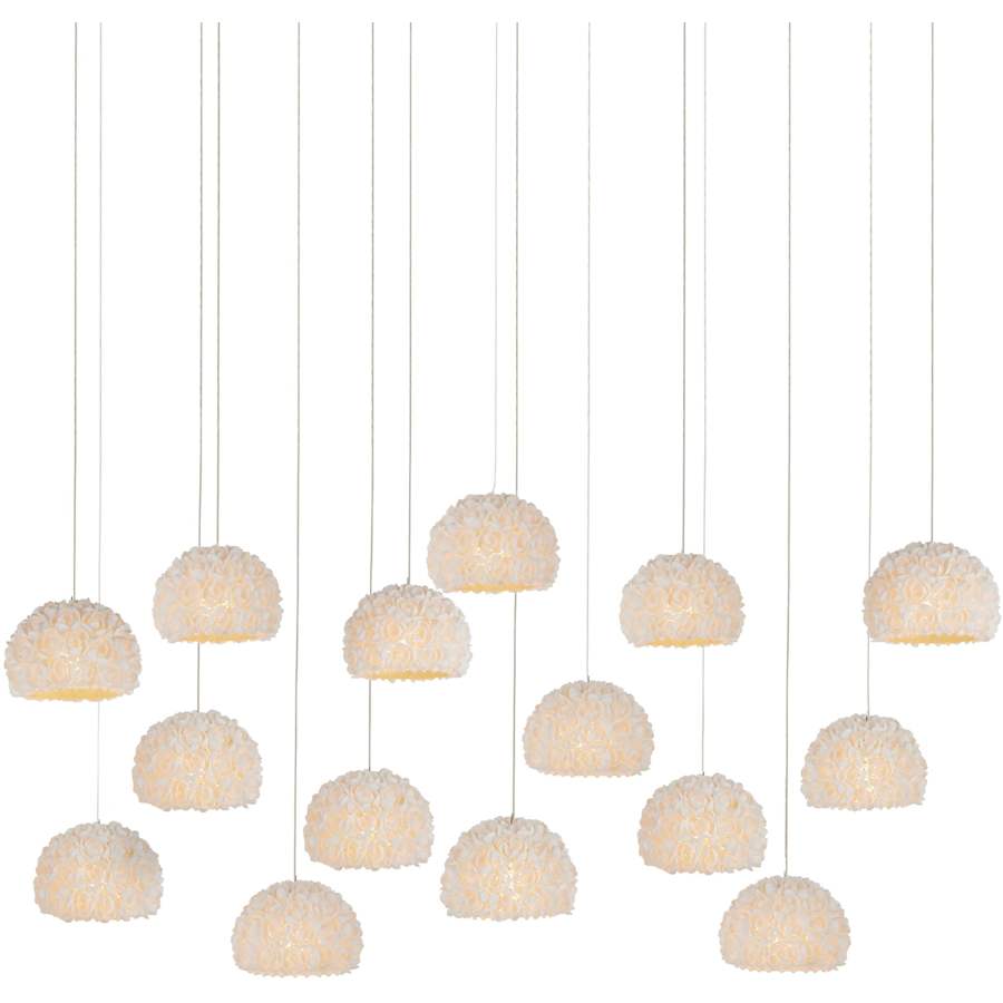 Currey and Company Virtu 15 Light 48" Wide Wrought Iron Linear Pendant with Clamrose Shell Shades