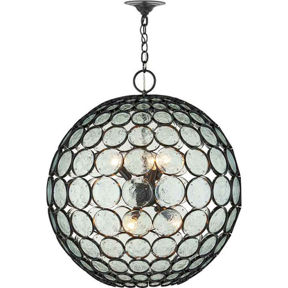 Currey and Company Etude 6 Light 28" Wide Wrought Iron Pendant with Recycled Glass Shade