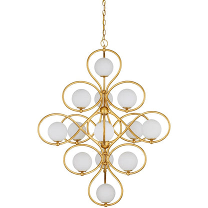 Currey and Company Storrs 14 Light 34" Wide Wrought Iron Abstract Chandelier with Frosted Glass Shades