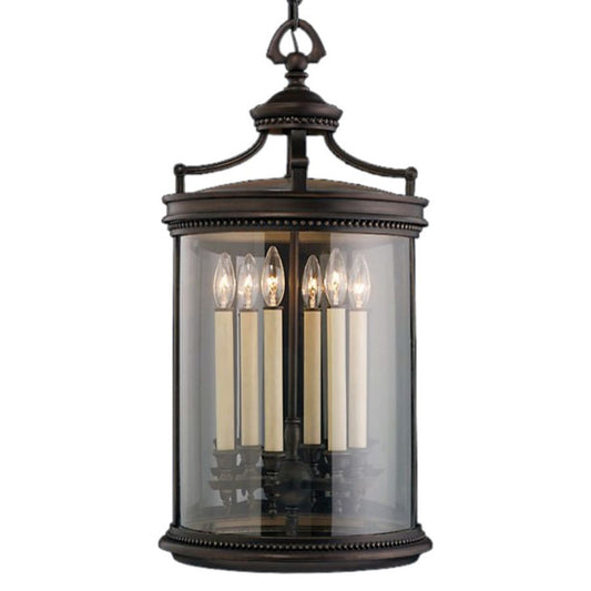 Fine Art Handcrafted Lighting Louvre Six-Light Outdoor Pendant with Antiqued Candles and Clear Blown Glass Shade