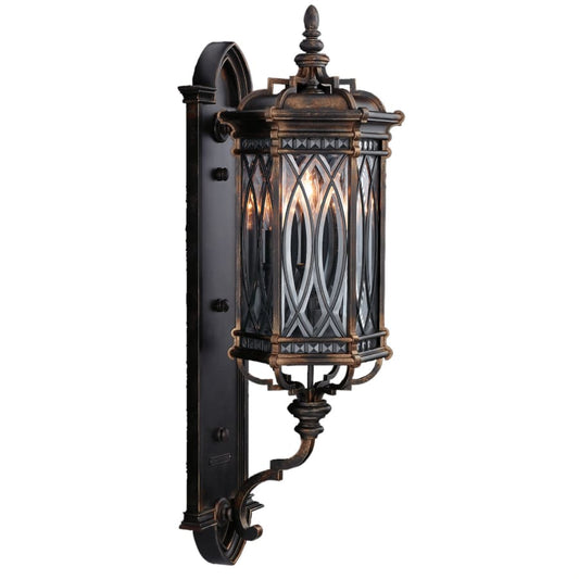 Fine Art Handcrafted Lighting Warwickshire Three-Light Outdoor Wall Sconce with Beveled Leaded Glass Panels
