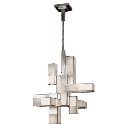 Fine Art Handcrafted Lighting Perspectives Silver Twelve-Light Single Tier Chandelier with Multi-Tonal White Crepe Shades