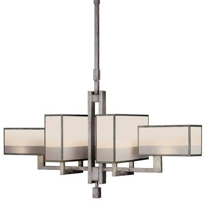 Fine Art Handcrafted Lighting Perspectives Silver Six-Light Single-Tier Linear Chandelier with Multi-Tonal White Crepe Shades